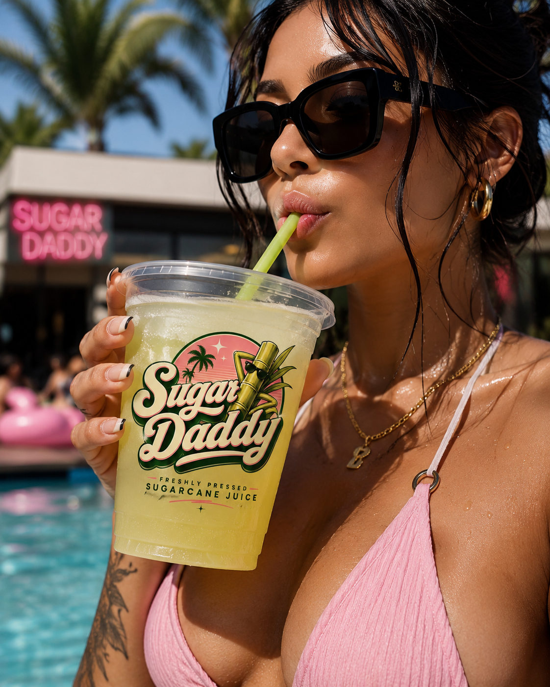 Woman by the pool sipping fresh Sugar Daddy sugarcane juice